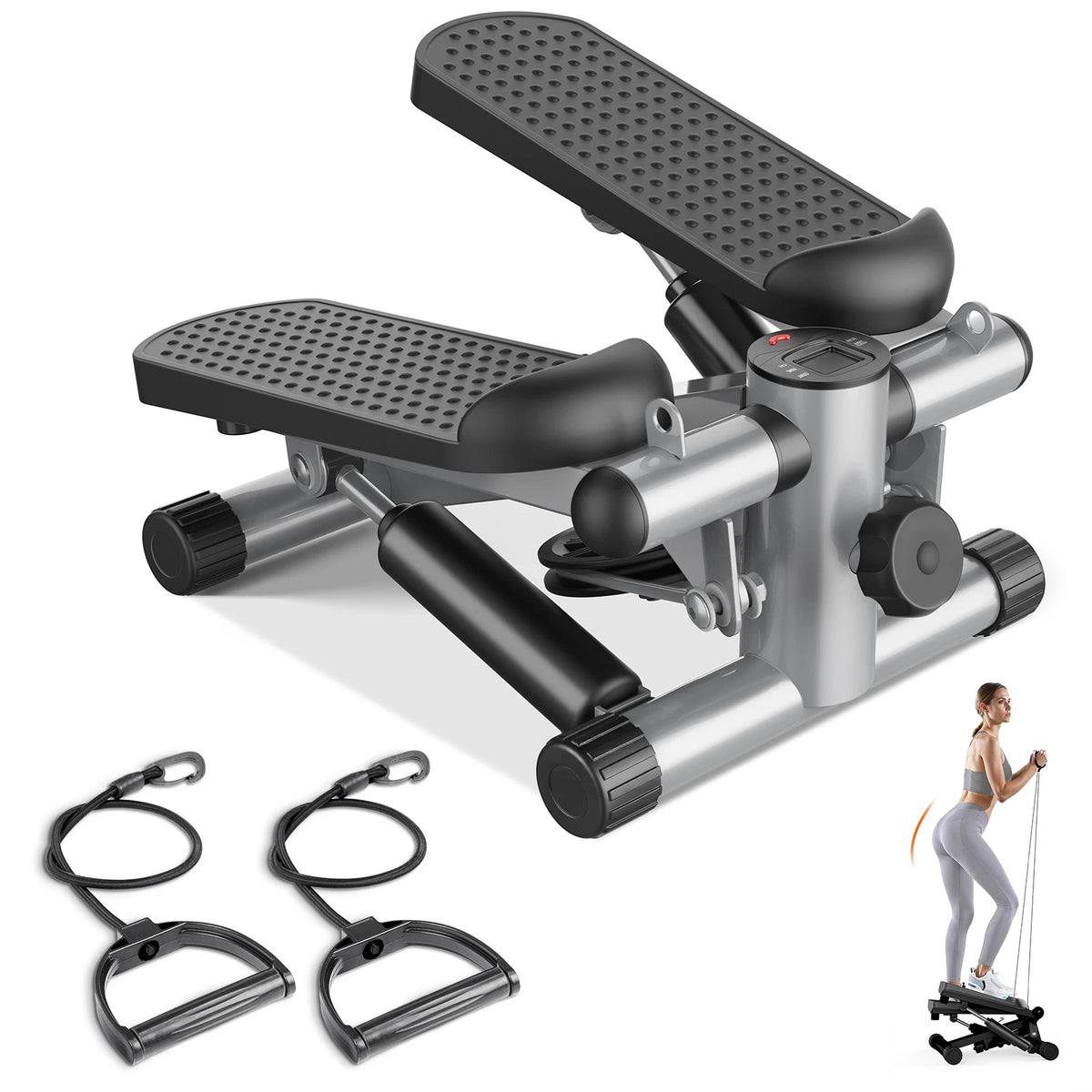 Hydraulic Stepper With Resistance Bands Monitor Home Cardio Fitness Machine