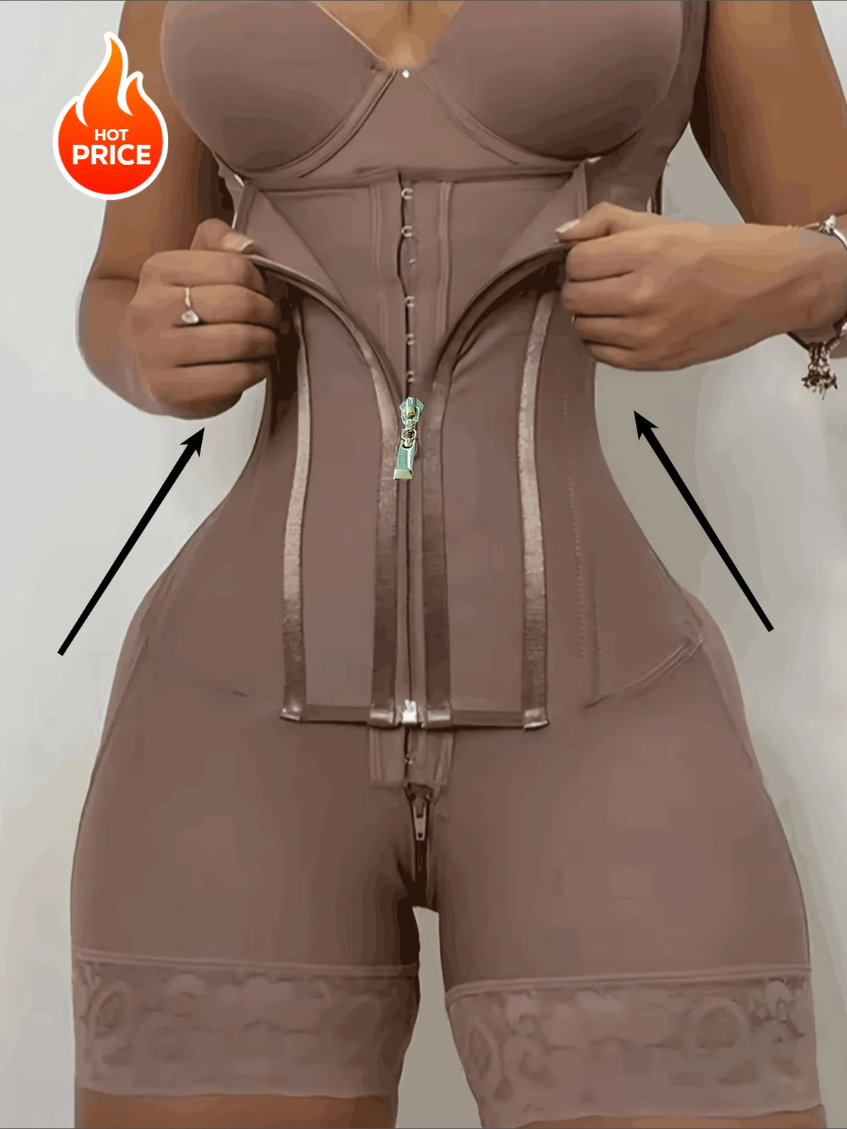 Womens Lace Trim Bodysuit Tummy Control Shapewear With Adjustable Zipper