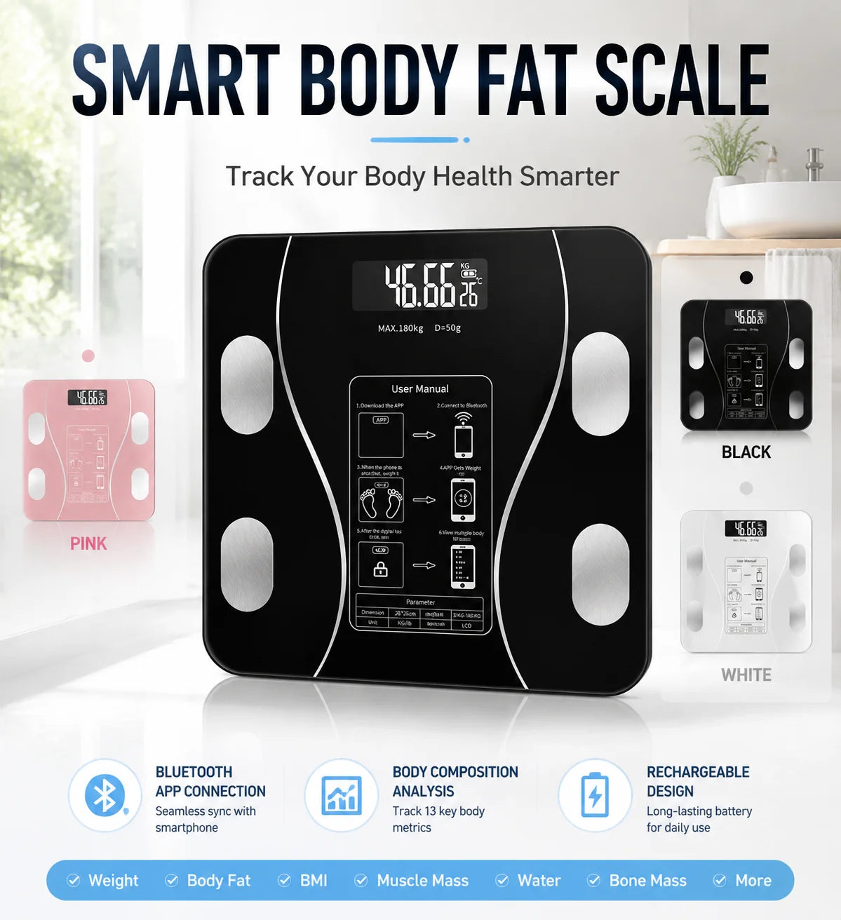 Smart Digital Body Fat Scale With Bluetooth Health Tracking App