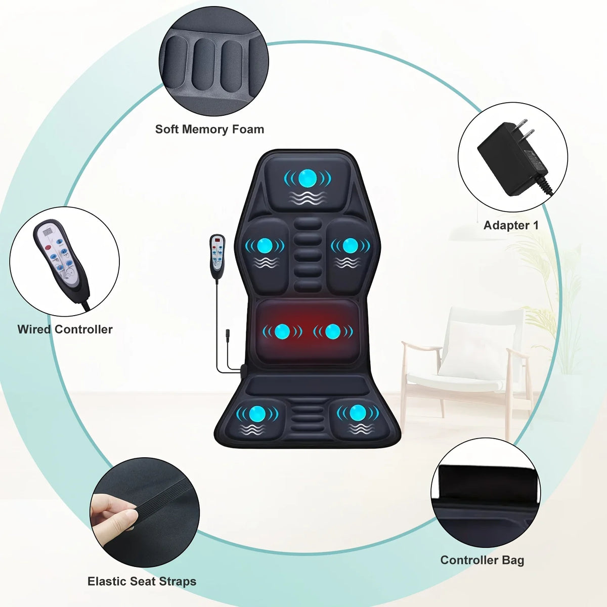 Himouta Heated Back Massager Vibrating Massage Cushion Lumbar Relaxation Device