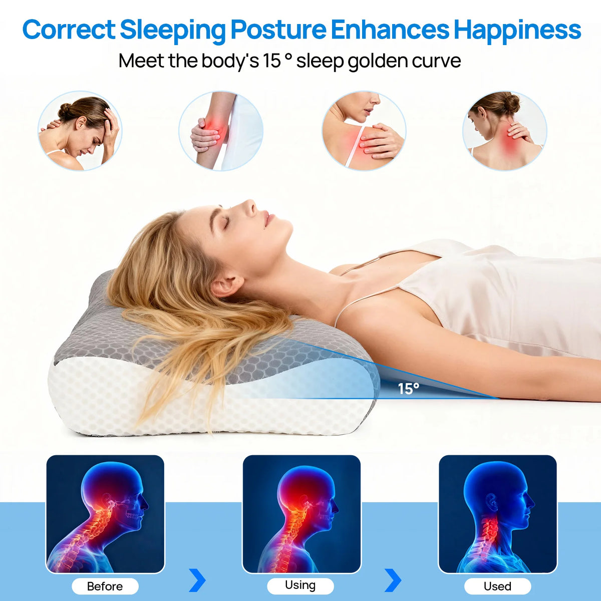 JHK Cervical Neck Double-Sided Memory Foam Pillow Cooling Ergonomic Support