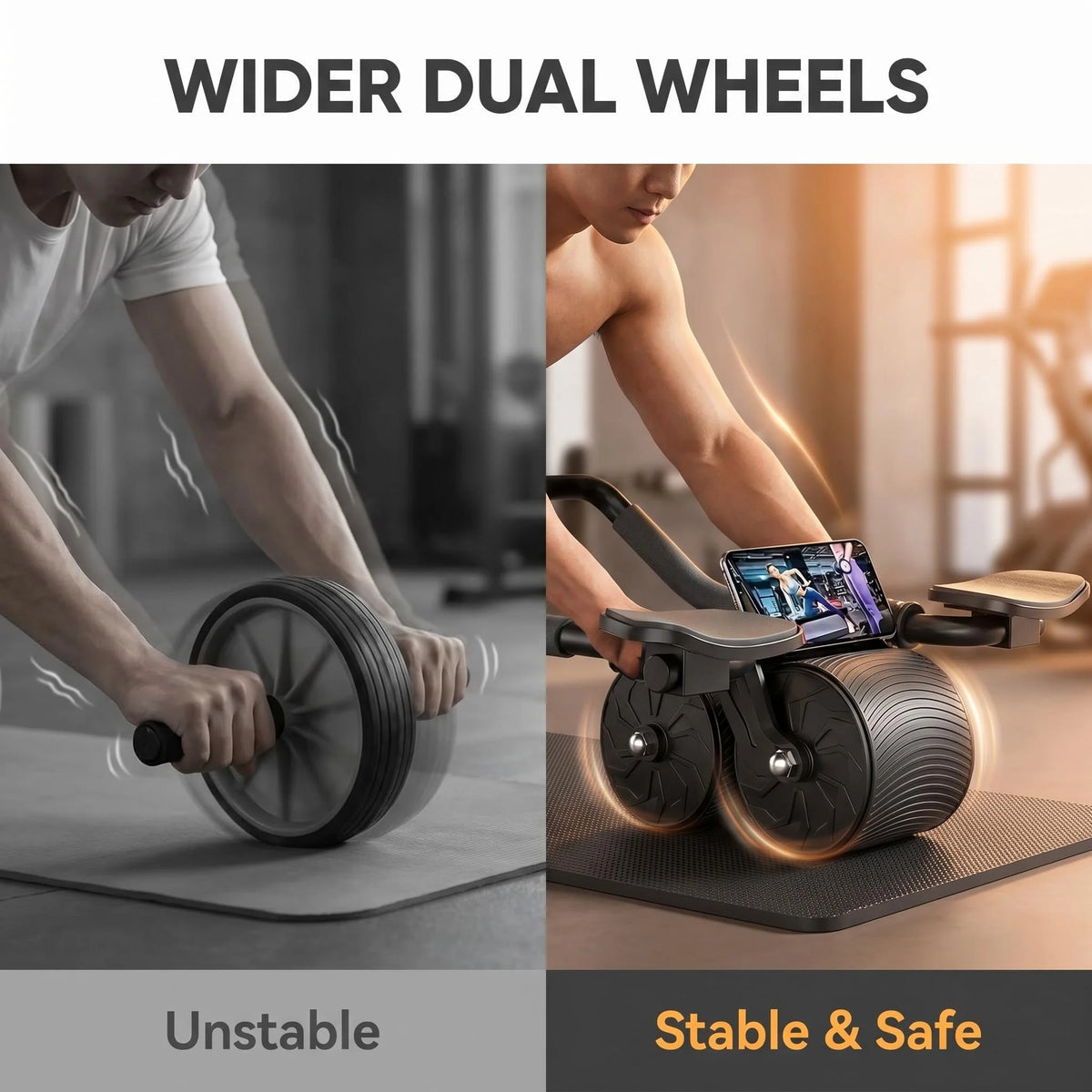 Dual Wheel Ab Roller With Protective Knee Pad And Timer