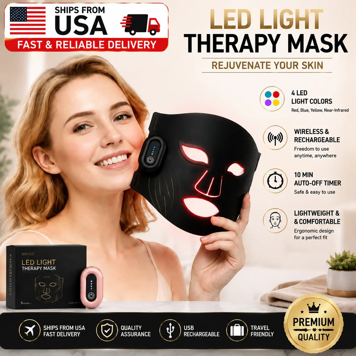 Wireless Facial Light Therapy Mask Rechargeable For Home Use