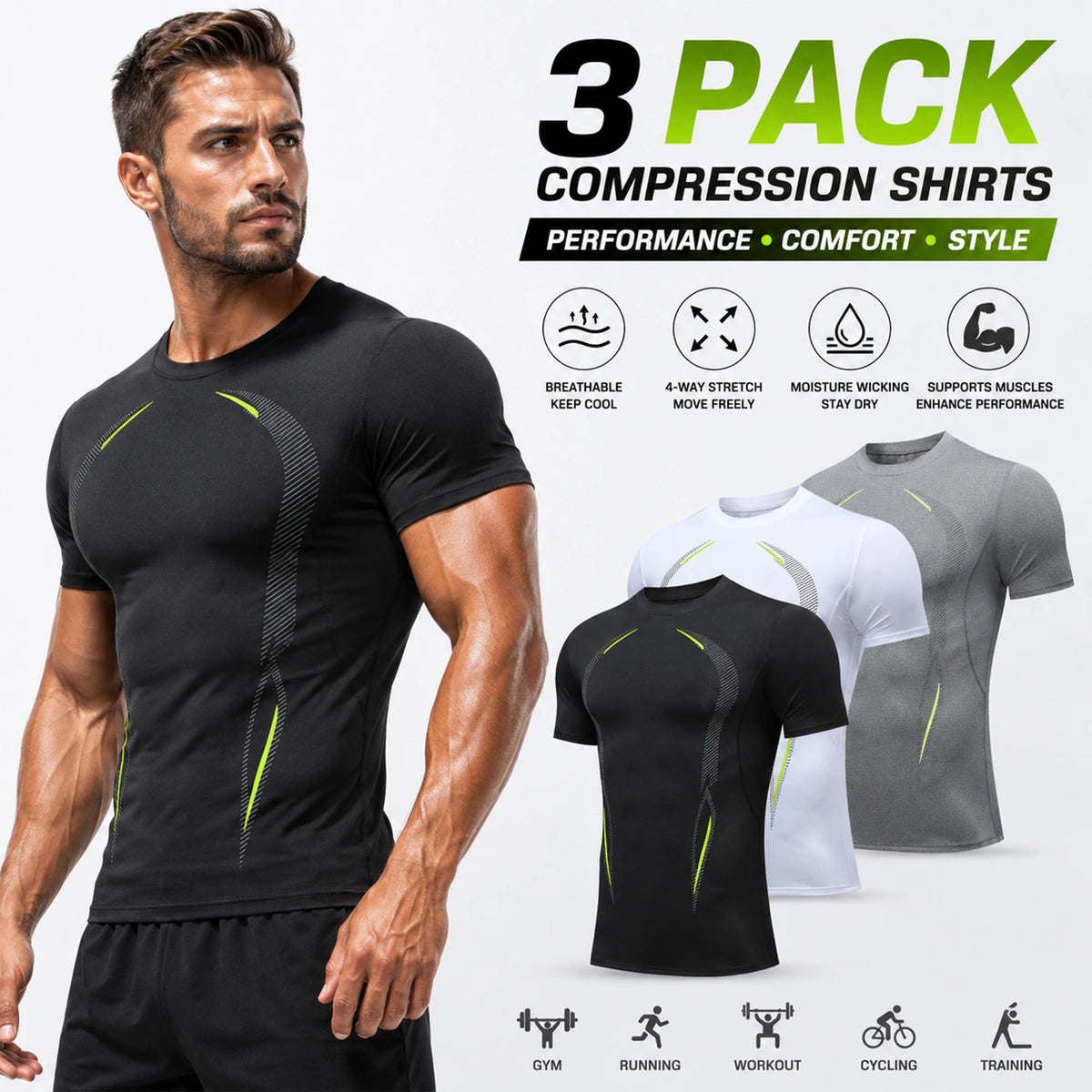 Men Quick Dry Compression Short Sleeve Gym Top 3 Pack