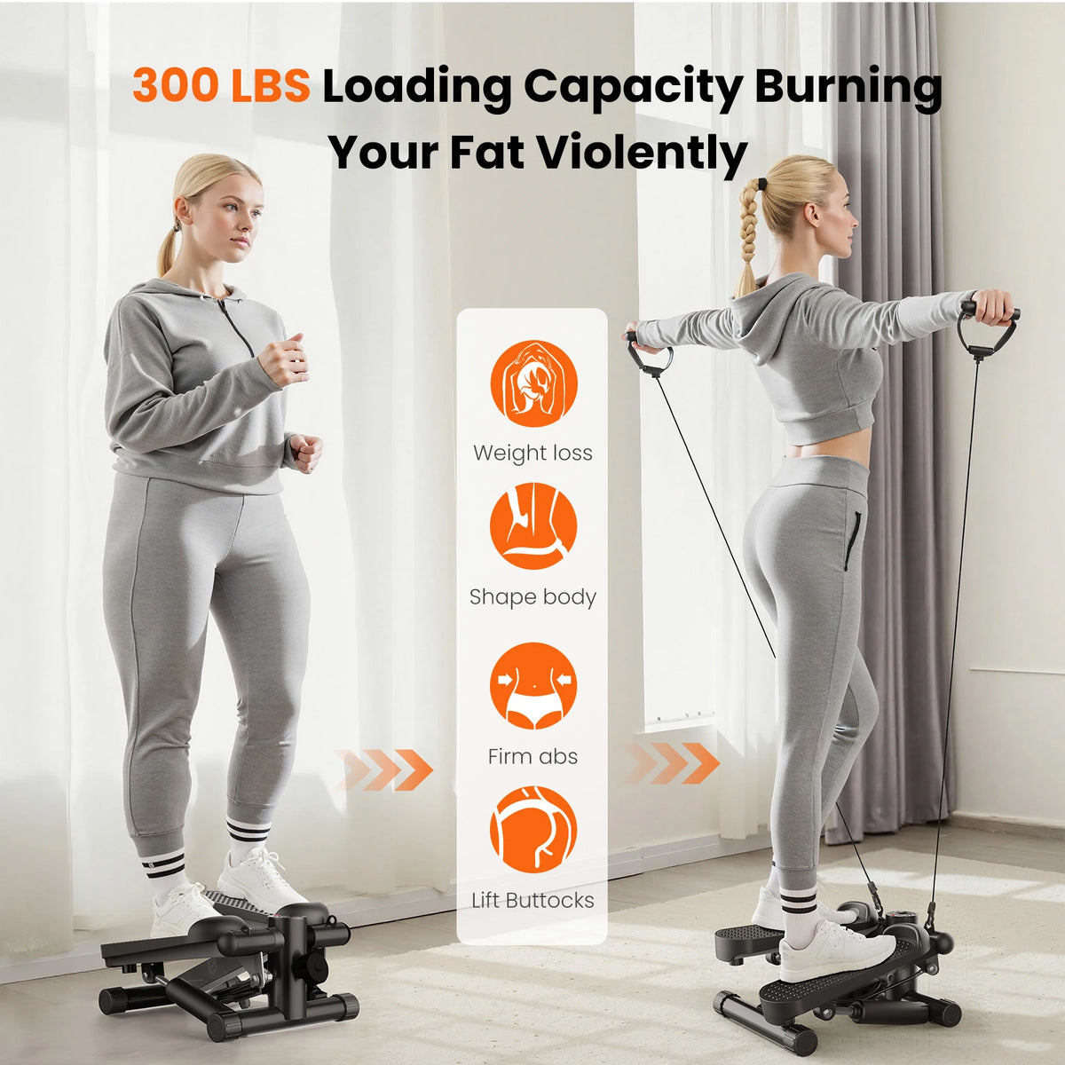 Hydraulic Stepper With Resistance Bands Monitor Home Cardio Fitness Machine